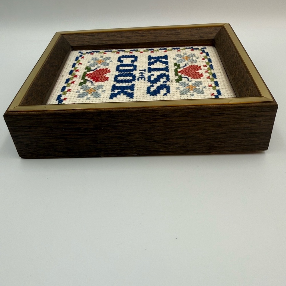 Vtg Kiss the Cook Needlepoint Embroidery Small Framed Completed Wall Art 6x5” - Picture 6 of 10